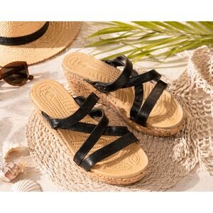 Crocs Leigh Wedge Sandals 11 Womens Black Strappy Cork Platform Comfort Slides